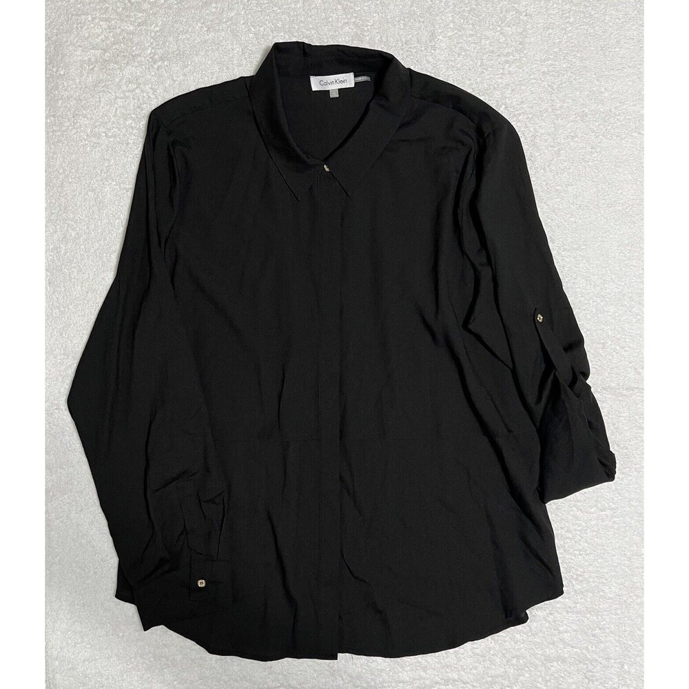 Calvin Klein Layered Blouse Women’s XL Button Up Shirt Black Roll Tab NWOT